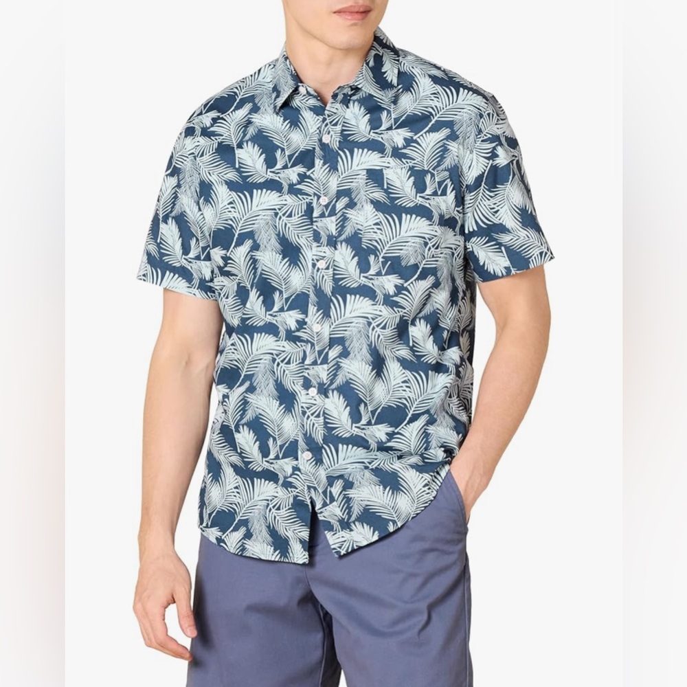 Amazon Essentials Men's Navy and White Leaf Pattern Shirt